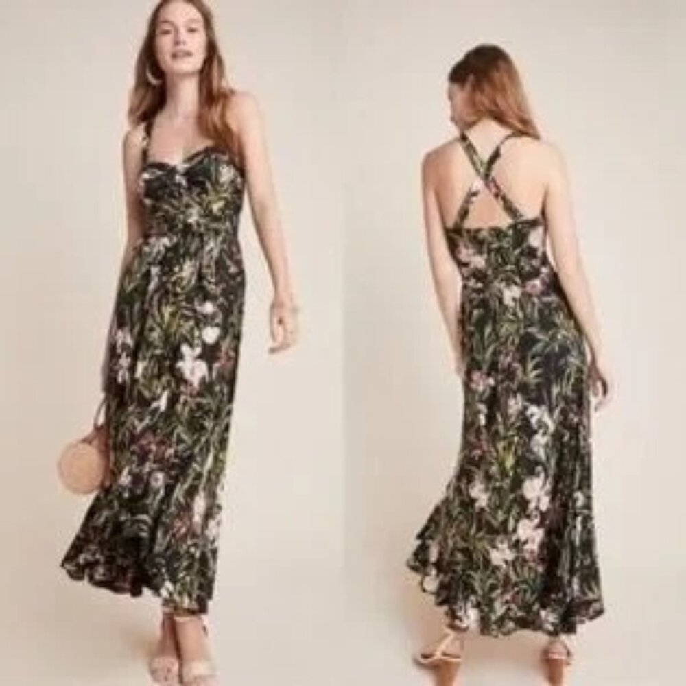Anthropologie Maeve Gabriela Ruffled Black Floral Maxi Sweetheart Neck Dress L